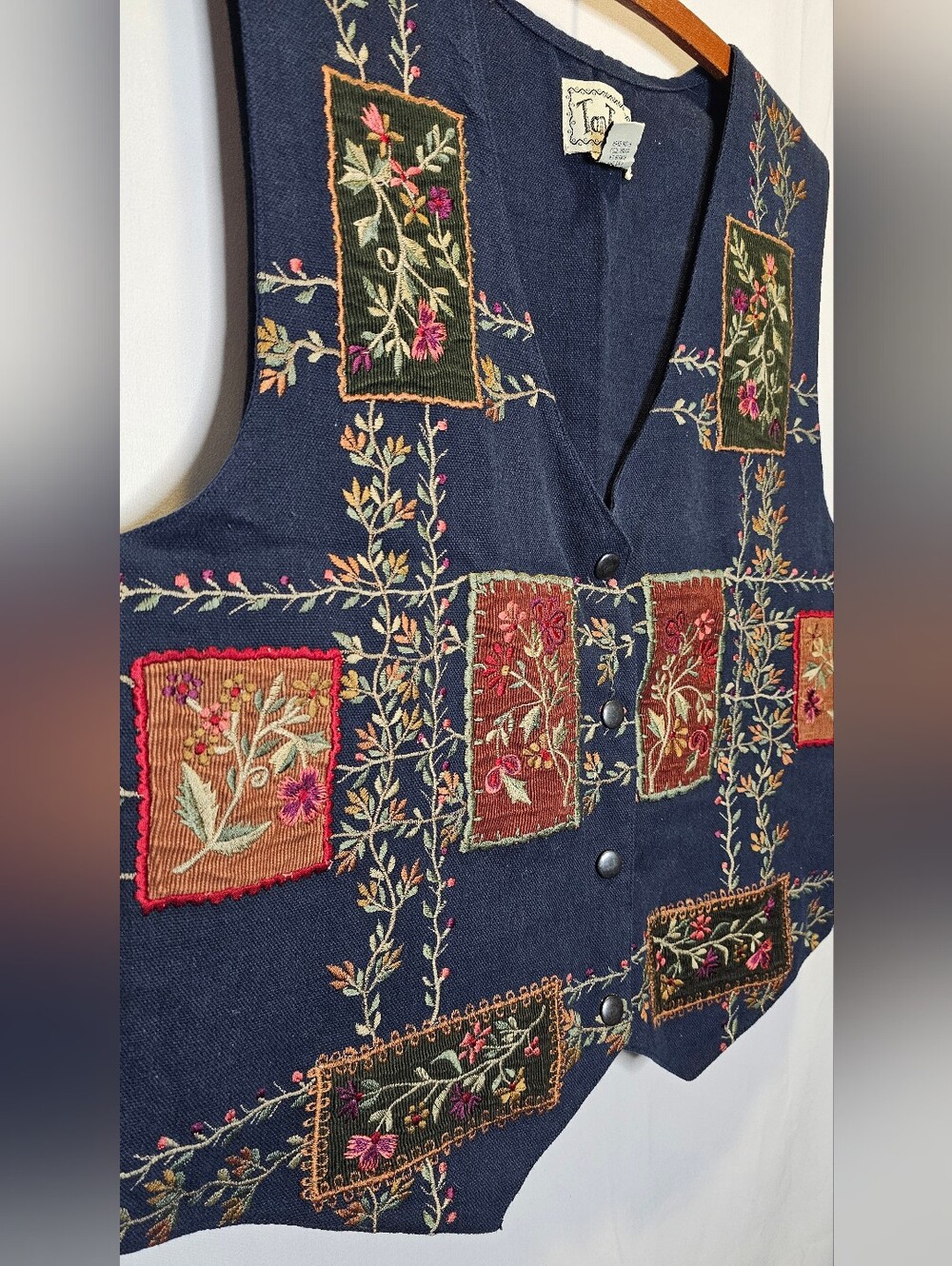 Vintage 90s Embroidered Navy Blue Vest Cottagecore Boho Sz Large